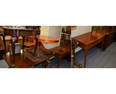 A bow fronted side table; a yew wood coffee table; a drop leaf dining table on pad feet; a mahogany side table raised on cabr