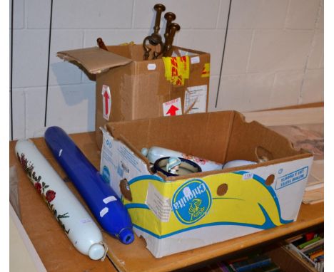 A quantity of brass including fire irons; pewter moulds; three modern glass rolling pins; ceramic baby plates etc 