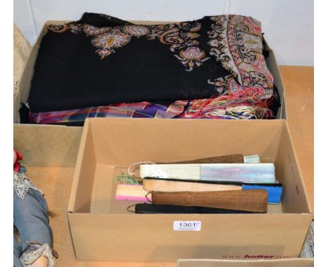 Assorted textiles including a printed paisley shawl with black border, large silk woven check shawl, black lace bonnet veils,