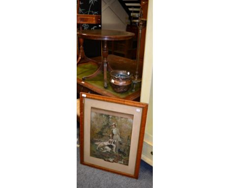 A 19th century brass smokers stand, copper jardiniere and a print (3) 
