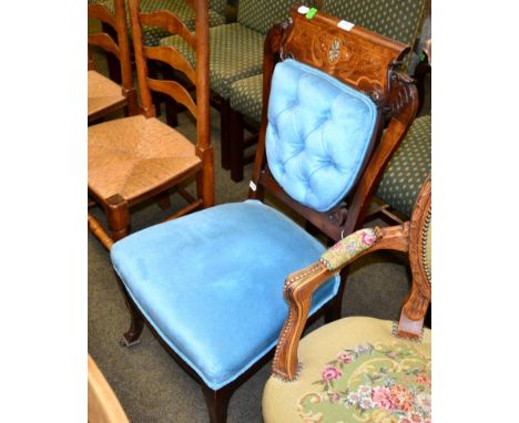 A mother-of-pearl inlaid occasional chair with blue upholstery 