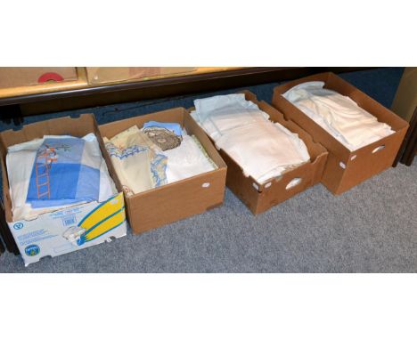 Assorted white linen, embroidered table and bed linen, other textiles etc (four boxes)