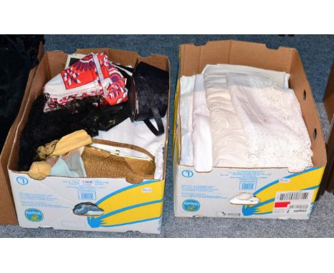 Assorted white linen and textiles, black lace stole, handbags, gloves, black satin embroidered panel, Lazy Daisy apron cut ou