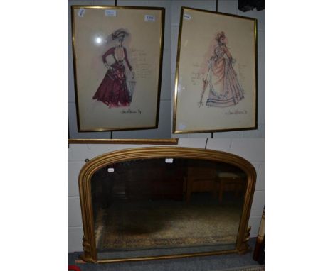 A 19th century gilt overmantle mirror together with two fashion prints by Jane Robinson