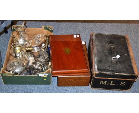 An electroplated four piece tea and coffee service by Elkington; an entree dish; various further plated items; two part fille