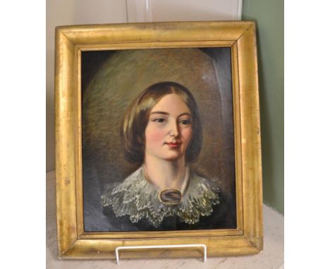 English school (19th century) portrait of a young lady, head and shoulders, wearing a black dress with lace collar and a larg
