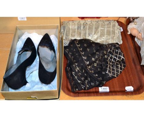 A black assuit shawl; another in cream and a pair of Marshall & Snelgrove evening shoes 