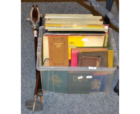 A silver topped cane, a Yorkshire Regiment swagger stick, two shooting sticks and various books and record sets (qty)