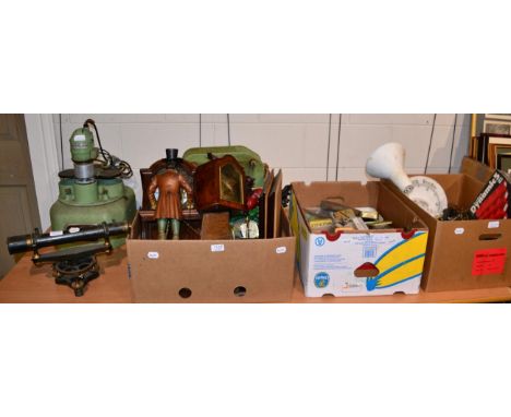 A quantity of watch and clock makers tools; French mantel clock movements; a reproduction wall timepiece; a reproduction figu