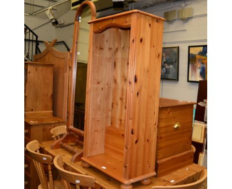 A pine blanket box, bookcase and cheval mirror 