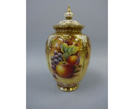 A ROYAL WORCESTER POT POURRI OVOID VASE AND COVER, hand painted with peaches, cherries, apples and grapes to mossy ground, si