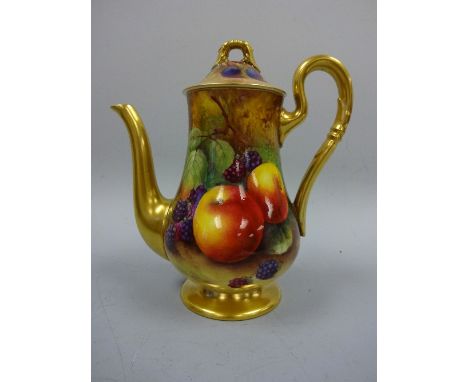A ROYAL WORCESTER COFFEE POT AND COVER, the baluster body decorated with apples and blackberries on mossy bank, the cover wit