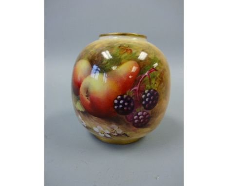 A ROYAL WORCESTER HAND PAINTED POSY VASE, decorated with pears and blackberries on grassy bank, signed H Ayrton, puce mark, 2