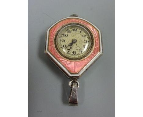 A GUILLOCHE ENAMEL PENDANT WATCH, with grey coloured dial and Arabic numbers to the reverse depicting a bouquet of flowers wi