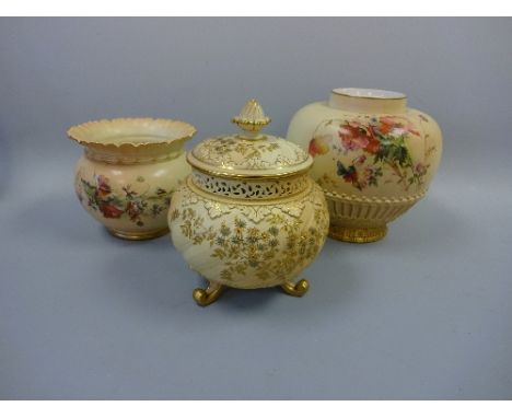 FOUR PIECES OF ROYAL WORCESTER BLUSH IVORY, comprising bulbous vase with wavy rim decorated with flowers and insects, green m