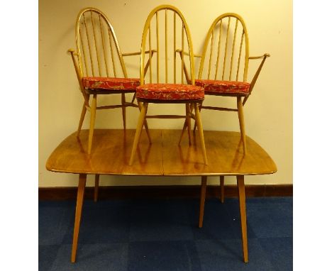 ERCOL BLONDE ELM AND BEECH DINING FURNITURE, comprising a set of ten stick and hoop back dining chairs, to include two carver