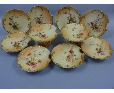A ROYAL WORCESTER PART DESSERT SERVICE, hand painted and printed with wild flowers and insects to blush ivory ground, scroll 