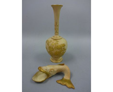 ROYAL WORCESTER BLUSH IVORY, comprising table salt modelled as an open mouthed fish, puce marks 2481, circa 1912, approximate