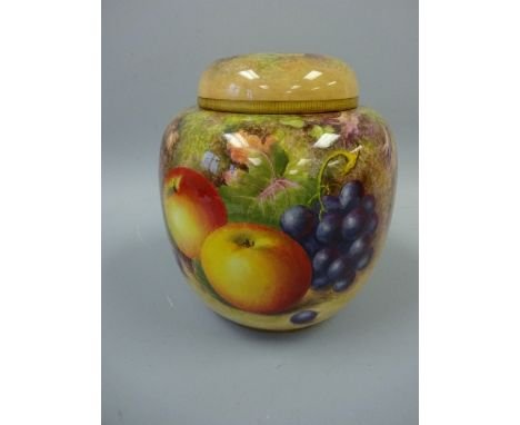 A ROYAL WORCESTER HAND PAINTED FRUIT DECORATED GINGER JAR AND COVER, with apples, pears, blackberries and grapes, signed H. A