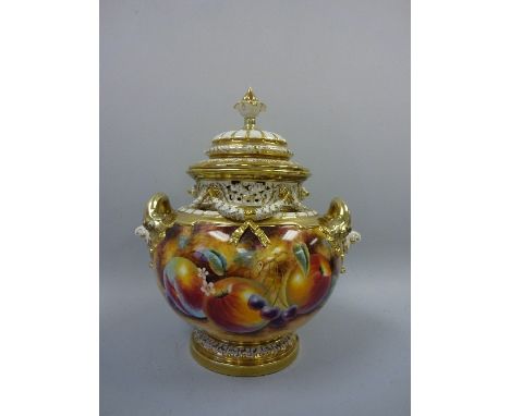 A ROYAL WORCESTER BOW VASE AND COVER, hand painted with apples, strawberries and grapes to mossy ground, signed K Mason, gilt