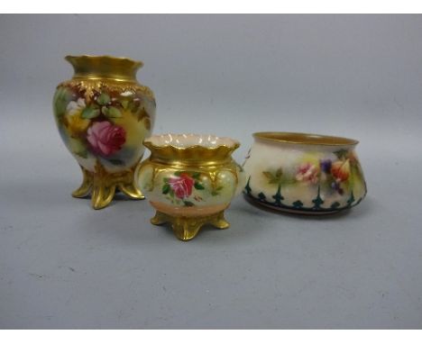 ROYAL WORCESTER, to include compressed lobed vase, decorated with pink floral sprays on four bracket scroll feet with gilt hi