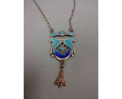 AN ENAMEL PENDANT NECKLACE, with pierced front within a shield shape design and bell shape dropper, length 42cm, makers mark 