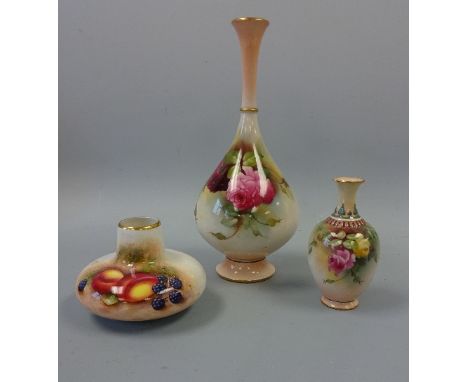 A ROYAL WORCESTER HAND PAINTED SQUAT VASE, decorated with peaches and blackberries on mossy bank to white ground, signed Robe