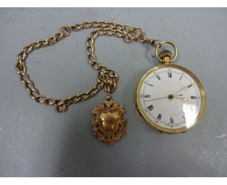 A GENTLEMANS 18CT GOLD OPEN FACED CHRONOHRAPH POCKET WATCH, London import marks, dust sheet, 'De Pose' 16331, 57282, white en