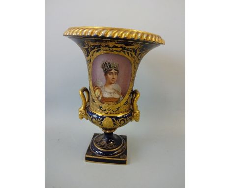 A COBALT BLUE AND GILT SEVRES VASE, of urn twin handle form, with portrait cartouche 'Josephine Bonaparte' signed Poitevin, w