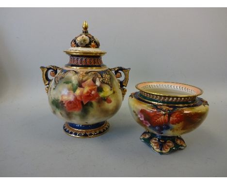 TWO PIECES OF ROYAL WORCESTER, comprising lidded twin handled vase with rose decoration, green Hadley's Worcester England, ap