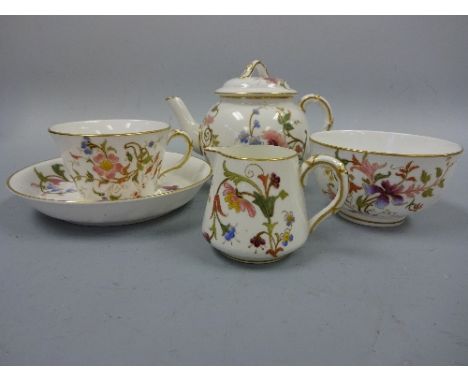 A ROYAL WORCESTER BACHELORS TEA SERVICE, decorated in coloured enamels with floral decoration and gilt highlights, puce marks