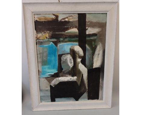 R J LLOYD, 'Looking Out', acrylic on board, signed and dated 1961 bottom left, titled verso, approximately 72cm x 54cm