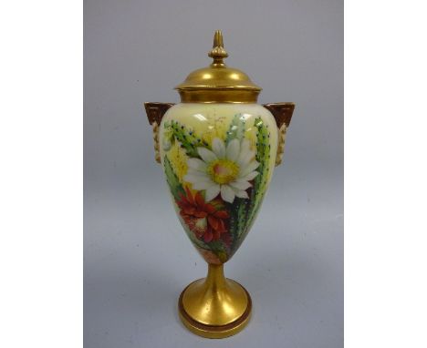 A ROYAL WORCESTER PEDESTAL URN VASE AND COVER, decorated with floral sprays, signed W Hale, with gilt highlights, foot and co