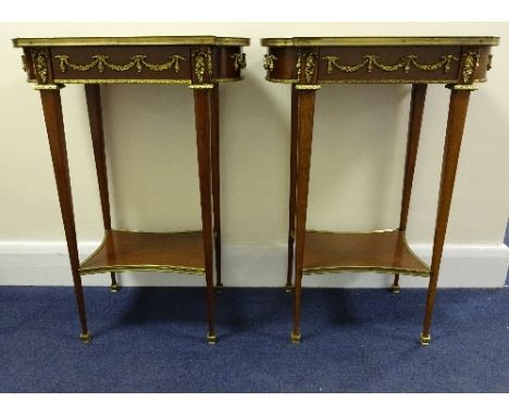 A PAIR OF FRENCH LOUIS IV STYLE BEDSIDE TABLES, with shaped rectangular top with string inlay over drawer and apron with swag