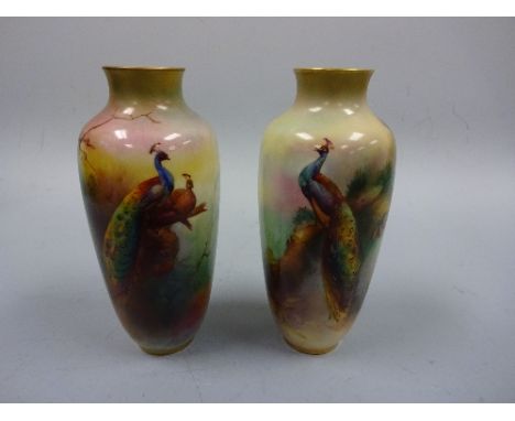 A PAIR OF ROYAL WORCESTER OVOID VASES, decorated with Peacocks in landscape, signed Isa Tholl, gilt highlights, puce marks to