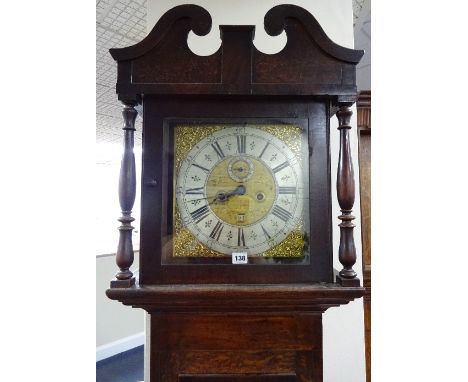 AN OAK EIGHT DAY LONG CASE CLOCK, with mahogany crossbanding and diamond shape inlay to door set on bracket feet, Swan neck c