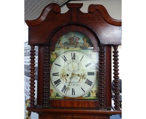 A MAHOGANY EIGHT DAY LONG CASE CLOCK, with bobbin supports either side of panel door, arched painted dial with castles and bi