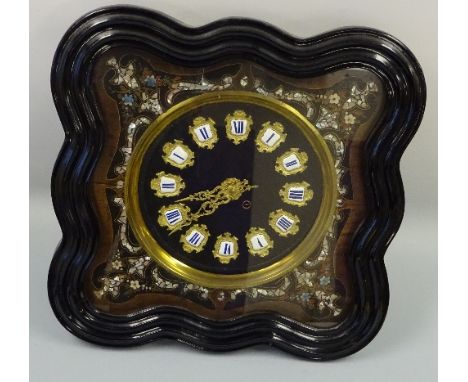 A FRENCH VINEYARD CLOCK, c.1860, the individual enamelled Roman numerals with ormolu mounts, the glazed ebonised case with fl
