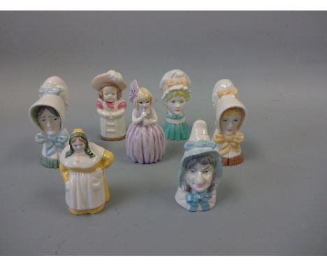 SEVEN ROYAL WORCESTER CANDLE SNUFFERS, comprising French Cook, Feathered Hat, Old Woman, Young Girl, Mob Cap, Mrs Caudle and 