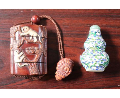 Carved Wooden 4 Part Japanese Inro with Carved bone Monkey decoration and with Snail Netsuke and Bombe Snuff bottle 