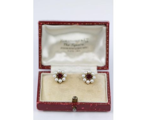 Pair of Fine Cased 9ct Gold Garnet and Pearl set cluster ring earrings 