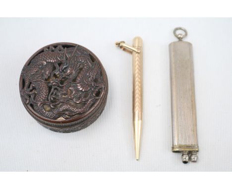 Chinese Dragon decorated pierced Incesnse lidded pot, Gold Plated engine turned propelling pencil and a Silver plated Pencil 