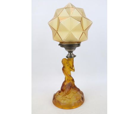 Art Deco Nude figural lamp base with Chrome fitting and cubist star shade. 41cm in Height 