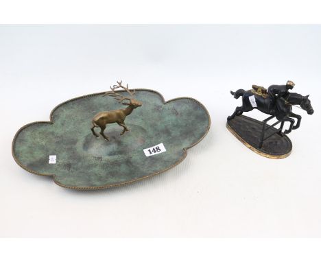 Metal desk Lighter in the form of a Racing Horse and a cloverleaf shaped table centrepiece with Stag decoration 