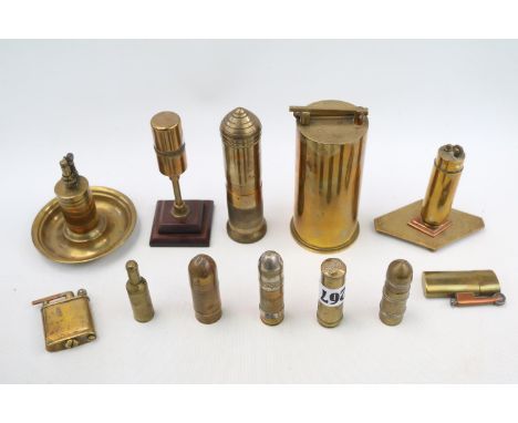 Collection of assorted Brass Trench Art Lighters and Shells inc 1941 Table Lighter etc 