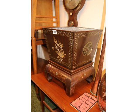 Asian Hardwood Mother of Pearl Inlaid jardinière with brass handles on base 
