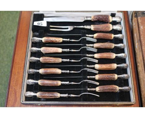 Butlers of Sheffield Antler Handled Teak Knife and Fork set 