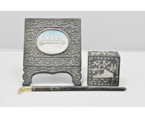 Indian oval miniature of Taj-Mahal Courtyard, carved ebony frame, 15cms, mother of pearl inlaid box and a miniature walking s