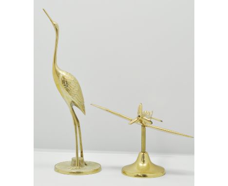 Brass two-branch table lamp, 54cms and other metalware.
