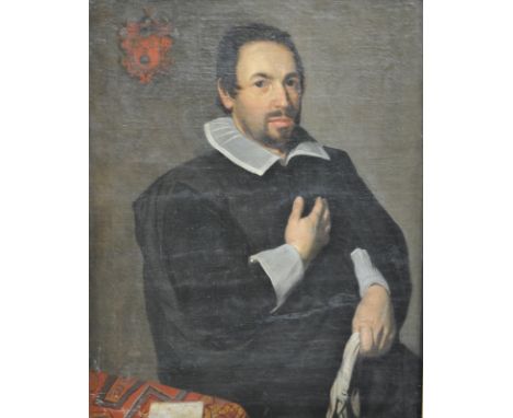 Central European 18th/19th Century portrait of a gentleman, three quarter length with armorial, oil on relined canvas, 80 x 6